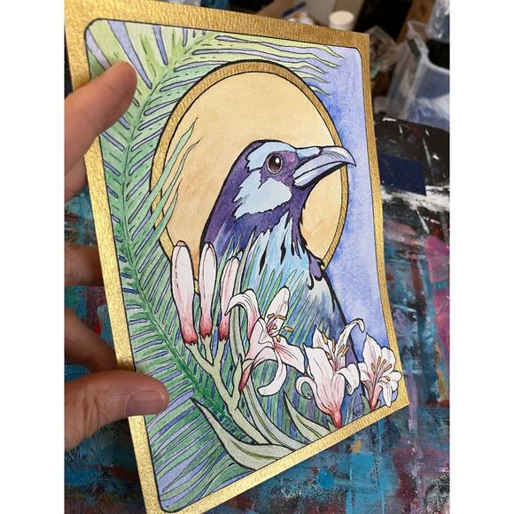 original painting raven crow illustration style artwork signed Ooak art handmade - Picture 6 of 8